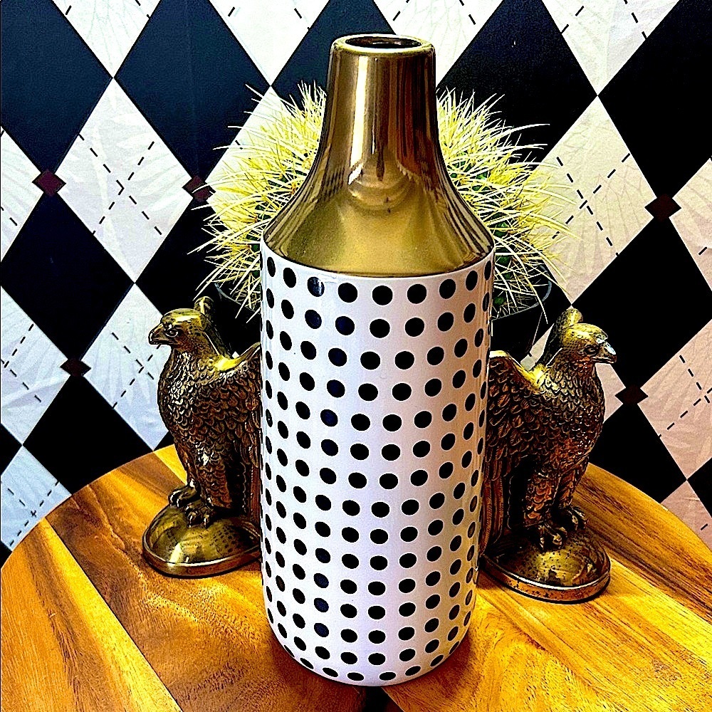 Black, White & Gold Polka Dot‎ Ceramic Vase - Gold Neck – 12” Modern Classic - Picture 3 of 9